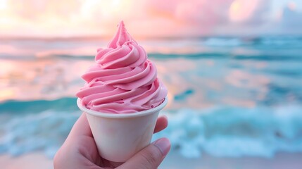 hand with frozen yogurt and summer ocean side background