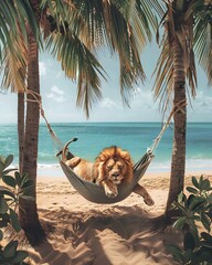 Majestic Lion Snoozing Peacefully in Tropical Beach Hammock with Lush Vegetation and Turquoise Waters - obrazy, fototapety, plakaty