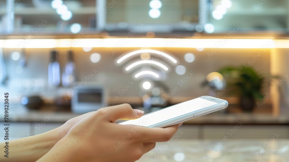 Aufkleber smart home efficiency: hand holding smartphone with power usage app and wifi connectivity in modern 