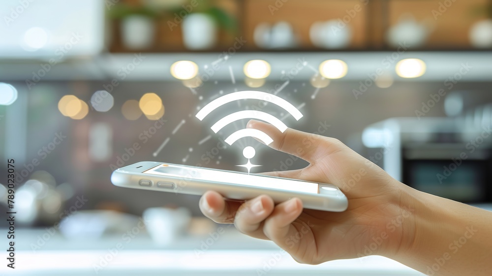 Poster smart home efficiency: hand holding smartphone with power usage app and wifi connectivity in modern 