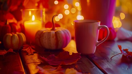 Autumn Thanksgiving composition Background with copy space Flat lay Candle pumpkins autumn leaves hot cocoa mug Autumn mood : Generative AI