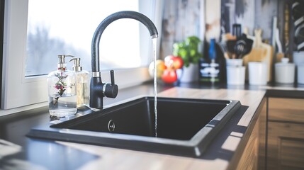 Naklejka premium Closeup on wooden kitchen countertop with black sink and tap and decorations : Generative AI
