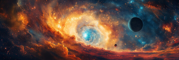 fantastic panorama with black hole, supernova and a wormhole with planets in galaxy in space