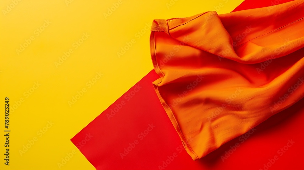 Poster top view with red empty kitchen napkin isolated on table background Folded cloth for mockup with copy space Flat lay Minimal style : Generative AI