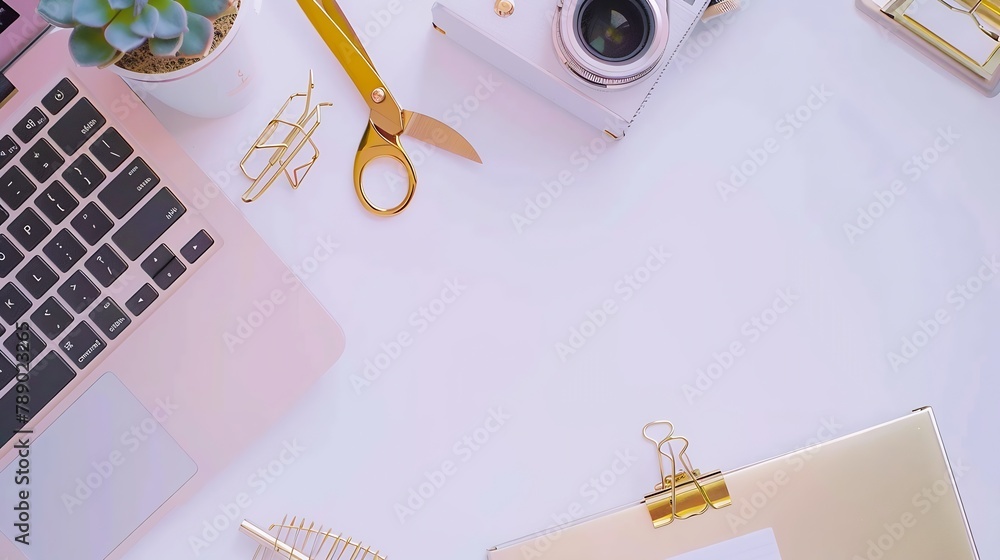 Poster Flat lay top view office table desk feminine desk workspace with succulent laptop retro camera scissors diary and golden clips on white background : Generative AI
