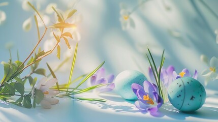 Composition with Easter eggs plant leaves and crocus flowers on light background : Generative AI