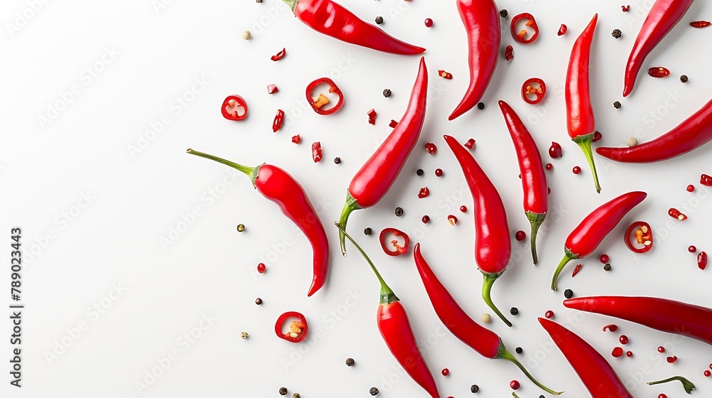 Poster red hot chili pepper with slices isolated on white background top view flat lay : generative ai