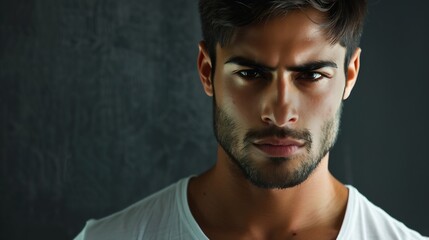 Fototapeta premium Closeup portrait of hispanic indian male serious young student man freelancer model stand indoor posing at camera with confident deep look millennial ethnic handsome brunet guy show fa : Generative AI