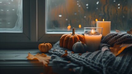 Obraz premium Autumn composition with burning candles mini munchkin pumpkins warm wool knitted sweater on the wooden windowsill Dark colours Cozy home atmosphere Thanksgiving decor fall inspiration : Generative AI