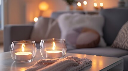 Tealights in glass candle holders decorating living room with gray sofa : Generative AI - Powered by Adobe