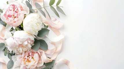 Feminine wedding or birthday table composition with floral bouquet White and pink peonies flowers...