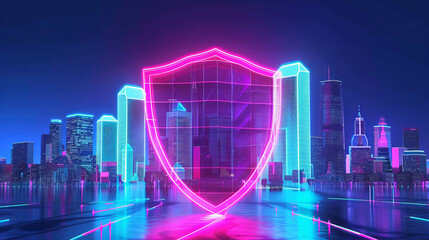 A neon cityscape with a glowing shield in the middle - obrazy, fototapety, plakaty