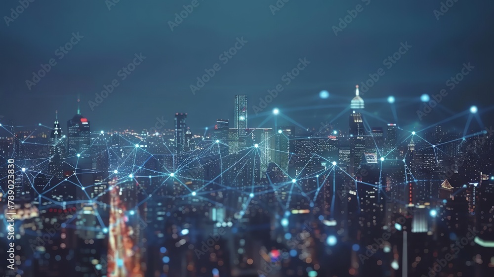 Poster futuristic smart cityscape with connected network nodes illustrating internet of things (iot) concep