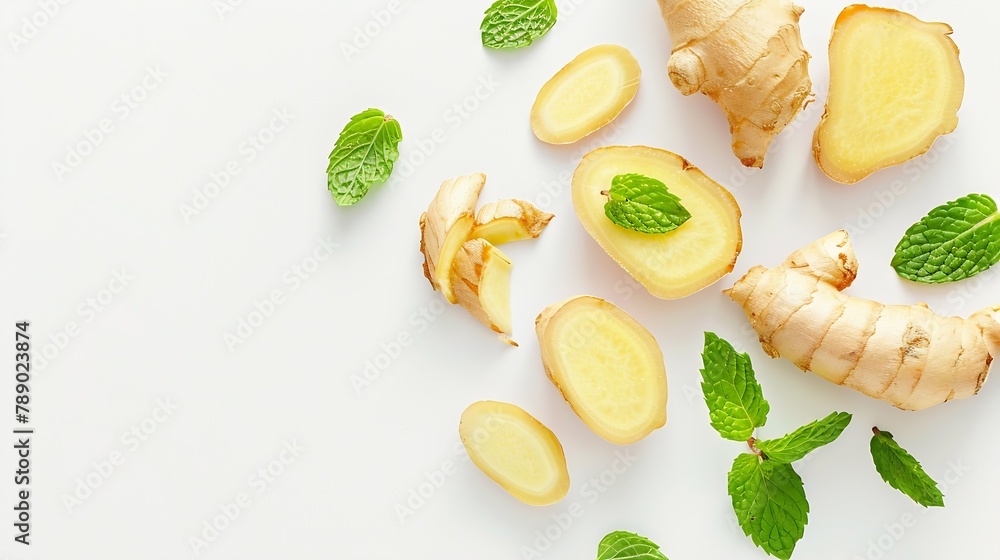 Poster Ginger root with sliced and mint leaf isolated on white background  top view  flat lay : Generative AI