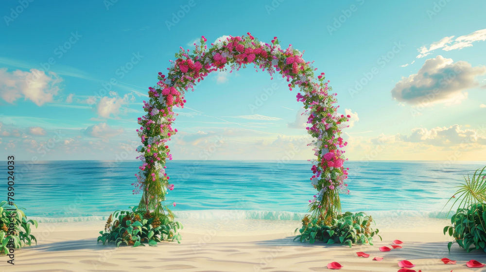Wall mural beach wedding arch with flowers and wood, beautiful tropical ocean background. floral wedding arch - Wall murals