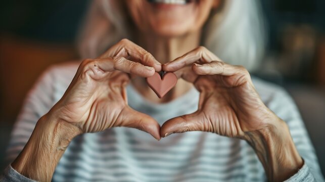 Close up crop view of smiling mature woman joining fingers makes symbol of love showing heart sign express sincere feelings I love you medical insurance cover for olders loyalty suppor : Generative AI
