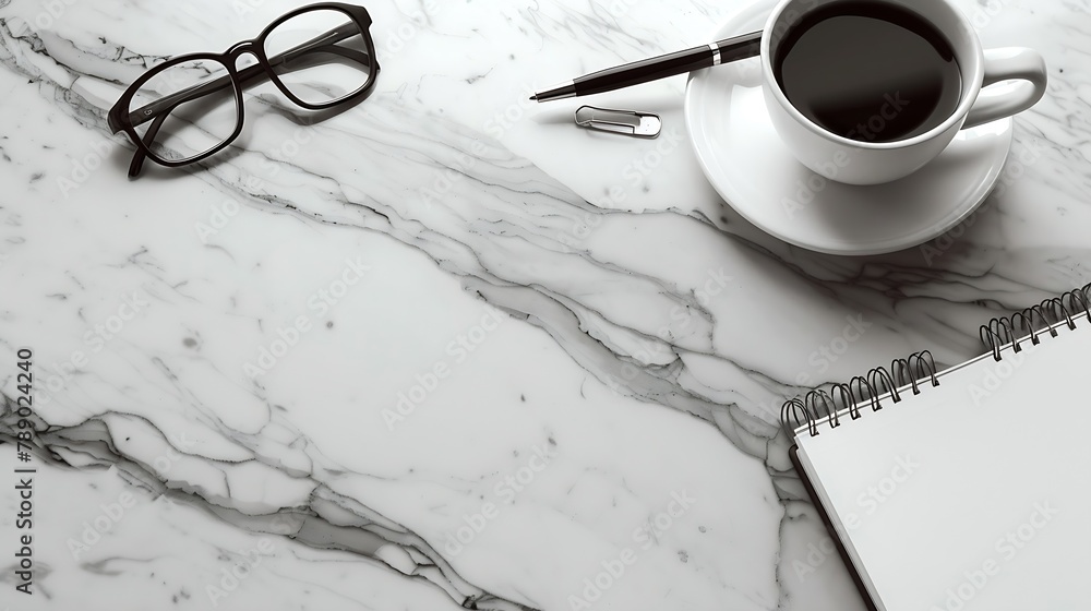 Poster business desk composition notebook pen glasses paperclip hot coffee on marble table modern workspace