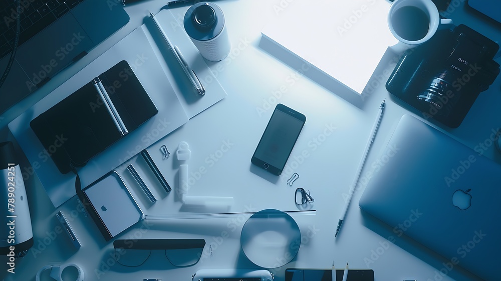 Aufkleber Office tools Digital technology Innovative implementation in business Internet applications Wireless function Tablet phone and camera Developing applications on the Internet Flat lay p : Generative AI