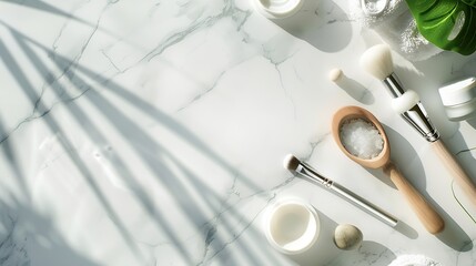 Spa beauty cosmetic products and tools on white marble background from above Copyspace : Generative AI