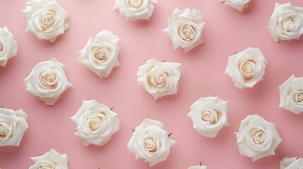 Pattern white white roses on pastel pink background Flat lay top view : Generative AI