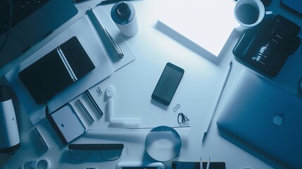 Office tools Digital technology Innovative implementation in business Internet applications Wireless function Tablet phone and camera Developing applications on the Internet Flat lay p : Generative AI