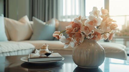 Modern luxury home living room with comfortable sofa flowers in a ceramic vase book a plate of dessert and decor on coffee table closeup image : Generative AI