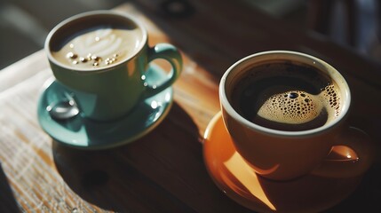 Closeup of two cups of coffee on wooden coffee table : Generative AI