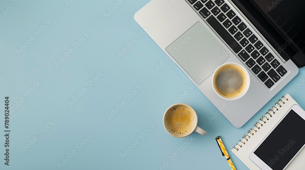 Poster Minimal work space  Creative flat lay photo of workspace desk Top view office desk with laptop notebooks and coffee cup on blue color background Panoramic banner background with copy s : Generative AI