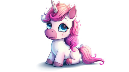 cute chibi unicorn in a full body portrait isolated on white background with pink mane and big eyes