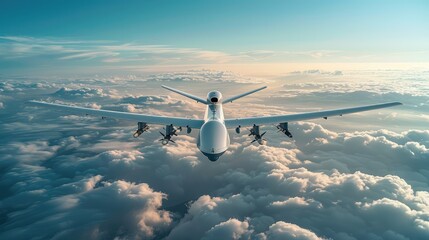 A military unmanned aerial vehicle UAV is soaring high above an expansive sea of cumulus clouds against the blue sky