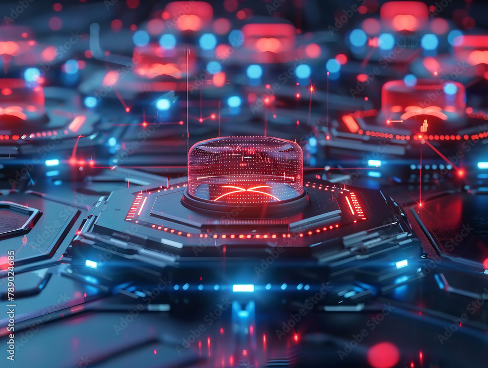 Poster a close up of a computer chip with a red and blue glow