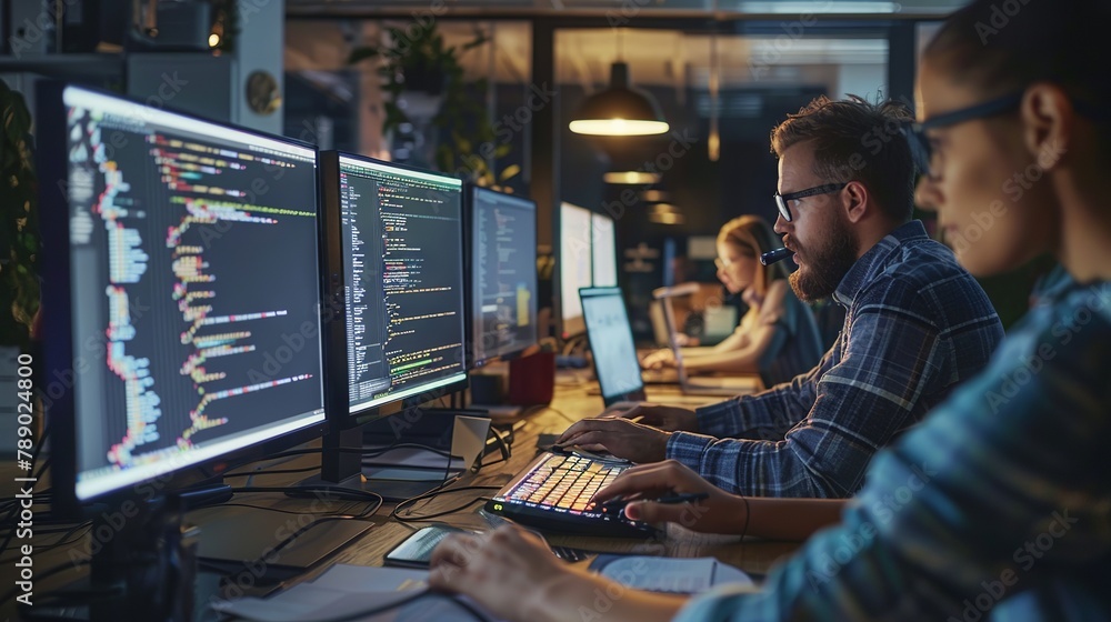 Poster dedicated it professionals engaged in software development and programming in a modern office enviro