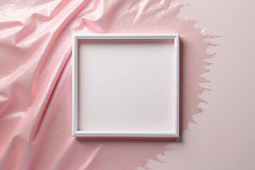 A stark white frame contrasting with the soft, wavy texture of silky pink fabric, perfect for showcasing contemporary artistry and femininity