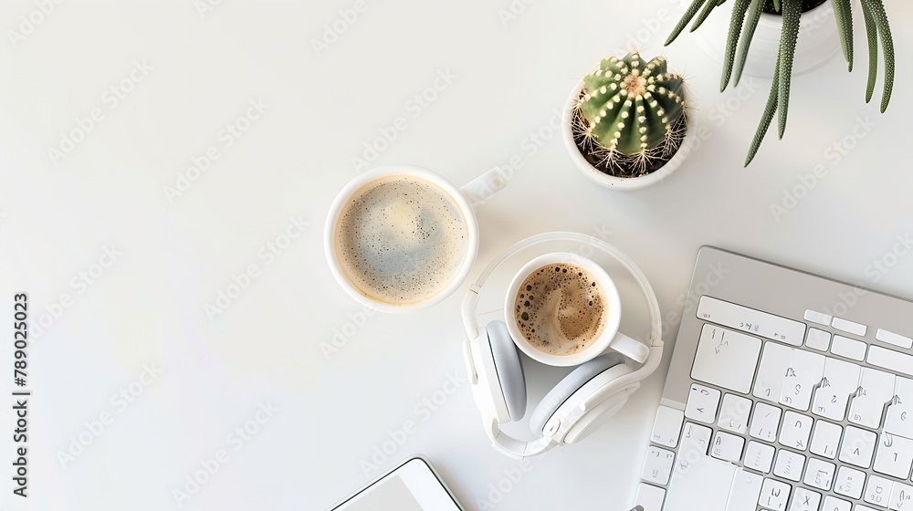 Aufkleber Neutral Minimalist Flat Lay Scene With coffee keyboard headphones and cactus : Generative AI
