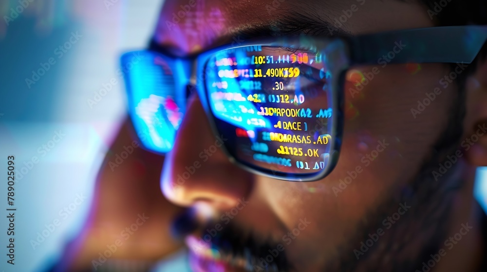 Leinwandbilder Closeup Portrait of Software Engineer Working on Computer Line of Code Reflecting in Glasses Developer Working on Innovative eCommerce Application using Machine Learning AI Algorithm B : Generative AI
