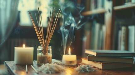 Composition with incense sticks diffuser candles and books on the table in the interior of the room : Generative AI