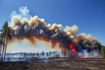 A vivid depiction of a forest fire, highlighting the roaring flames and billowing smoke against a clear sky, showcasing nature's unpredictable power