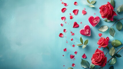 Celebrate the essence of Valentine s Day with a charming backdrop featuring heart shaped roses and decorative red elements set against a soft pastel blue background Perfect for conveying lo