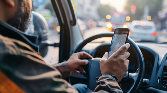 a delivery driver using a smartphone to navigate a city