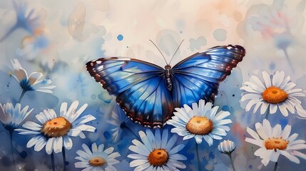 Blue Butterfly Gracefully Perched on Daisies