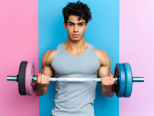 Obraz premium Handsome young man doing exercise with barbell or weight lifting bar