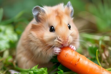 cute hamster eating a carrot in the grass garden background, animal theme wallpaper