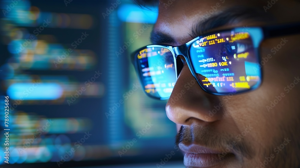 Aufkleber Closeup Portrait of Software Engineer Working on Computer Line of Code Reflecting in Glasses Developer Working on Innovative eCommerce Application using Machine Learning AI Algorithm B : Generative AI
