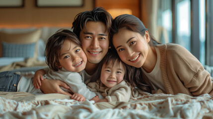 Obraz premium Happy Asian family laying on bed smile, top view --no dark picture logo --chaos 15 --ar 16:9 --style raw --stylize 900 Job ID: 4def5516-64eb-4364-91c6-3931367b1d30