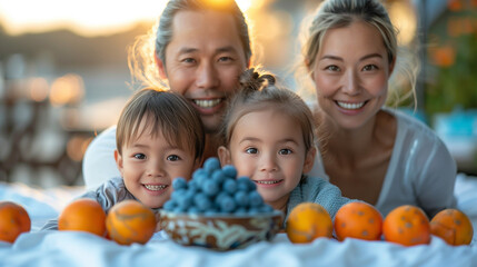 Happy Asian family laying on bed smile.