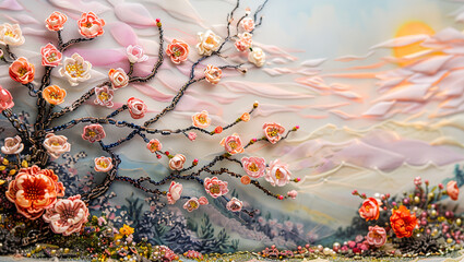 An artistic miniature of a spring landscape with flowering plants and trees,Generated by AI
