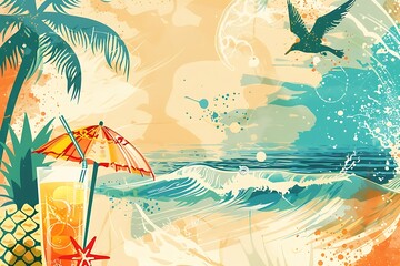 Fototapeta na wymiar Palm tree, pineapple, juice, sea star, wave, seagull, surf, umbrella background with text space, abstract elements.Card, postcard poster about travelling vacation leisure trip tourism .