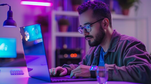 Focused software developer engaged in code creation on laptop at minimalist white workstation in modern office setting