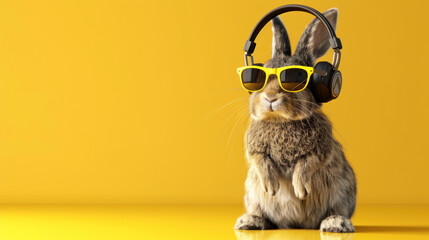 rabbit with headphone and sunglasses on yellow background. funny animal portrait