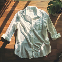 womens button down shirt laying on a table, wrinkle free, pinterest aesthetic, old money aesthetic Ai generative 